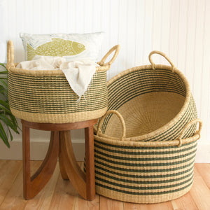 3 Large Sage and Natural Stripes Floor Baskets