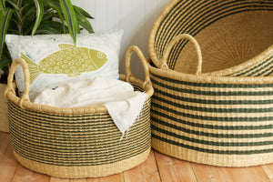 3 Large Sage and Natural Stripes Floor Baskets