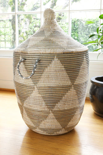 Large Lidded Hamper: Silver and White Triangle Pattern