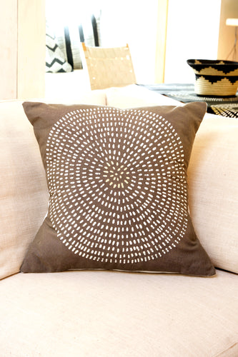 Zambian Hand Painted White and Gold Necklace on Gray Pillow Cover